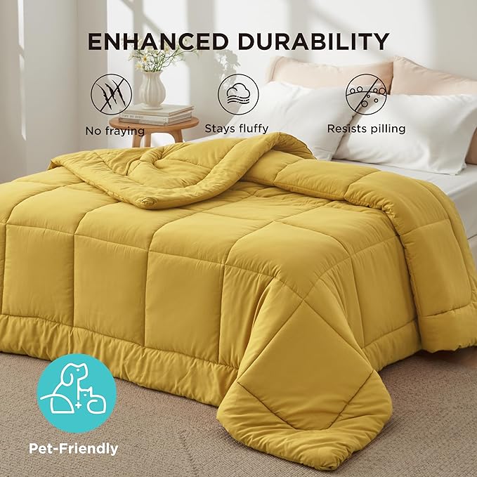 Bedsure Comforter Duvet Insert - Quilted Comforters Twin Size, All Season Duvet, GentleSoft Down Alternative Bedding, with 8 Tabs, Gifts for Women/Men, Mustard Yellow, Twin 88 x 68 Inches