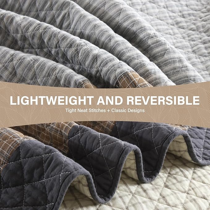Uniclinens Quilt Set Queen Size, 100% Cotton Quilted Quilt Bedding Set Bedspread, Patchwork Plaid Quilt, Lightweight Quilted Comforter Set, 3 Pieces Set with 2 Pillowshams, Brown/Beige/Gray