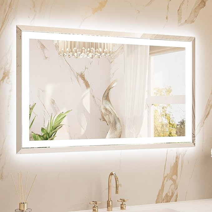 TETOTE Led Bathroom Mirror 40 x 24 Inch, Beveled Lighted Bathroom Vanity Frameless Mirror with Extra-Bright Lights, Frontlit & Backlit, Defogging, 3-Color Dimmable, Tempered Glass, Waterproof