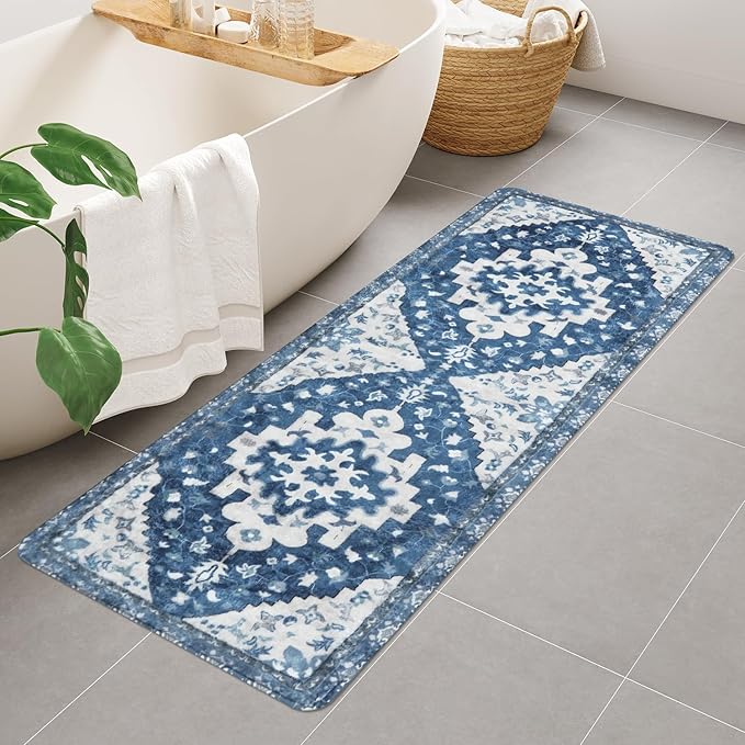 Uphome Vintage Bathroom Runner Blue Boho Non-Slip Long Bath Mat Oriental Soft Machine Washable Bedroom Rug Traditional Tribal Floral Floor Carpet for Kitchen Hallway Kids Room, 24x59 inch