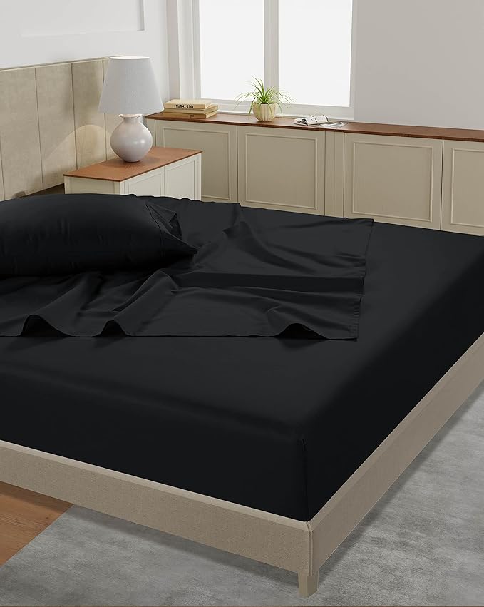LANE LINEN Full Size Sheet Set – 450 Thread Count 100% Cotton Cooling Sheets, Soft & Fade-Resistant Sateen Weave, 15” Deep Pocket Fully Elasticized Fitted Sheet, Luxury Hotel Bedding, Black