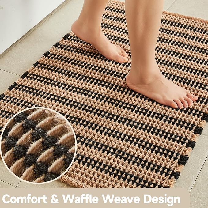 Waffle Bath Mat, Boho Bathroom Rugs Non Slip Washable Super Absorbent Quick Dry Bath Mat Farmhouse Bathroom Decor, 48"x24" Black and Khaki