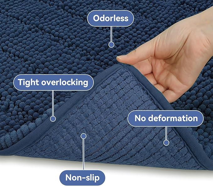 Bcoimo 24"×17" Chenille Bath Mat – Non-Slip with Backing Bath Rug Ultra-Absorbent and Machine Washable Bathroom Mat Quick-Dry Design. Ideal for Bathroom and Tub Areas