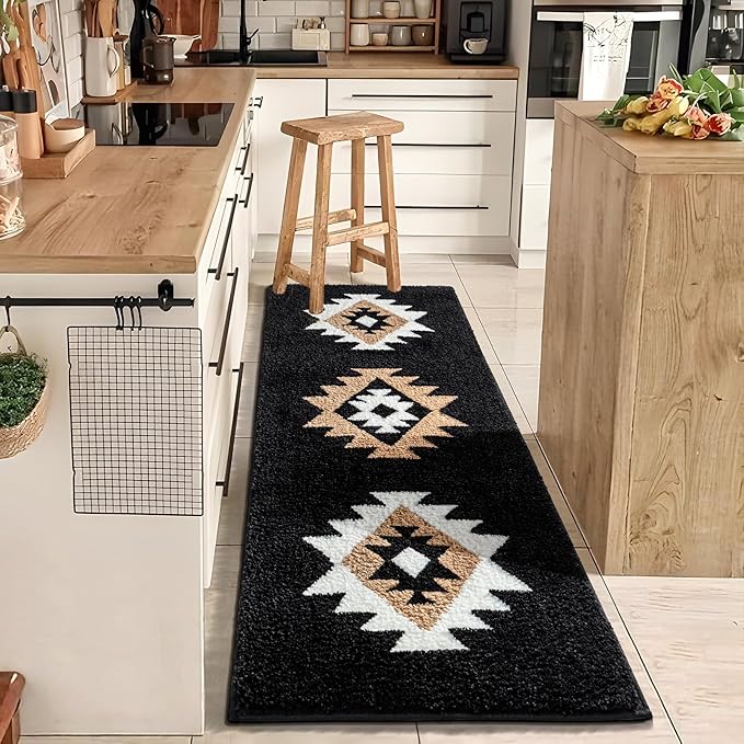 DEXDE Bathroom Runner Rug 24x60 Inch, Boho Long Bath Mat Rug for Bathroom Bedroom Hallway Kitchen Luxury Soft Absorbent Large Modern Geometric Carpet Western Farmhouse Carpet, Black