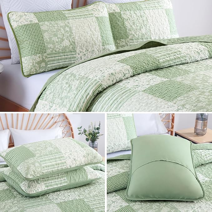 Mybedsoul Light Green Quilt Set King Size, 3 Pieces Plaid Floral Bedspread Set Patchwork Reversible Bedding Set Microfiber Lightweight Bedspread Coverlet Set for All Season 110"x90"