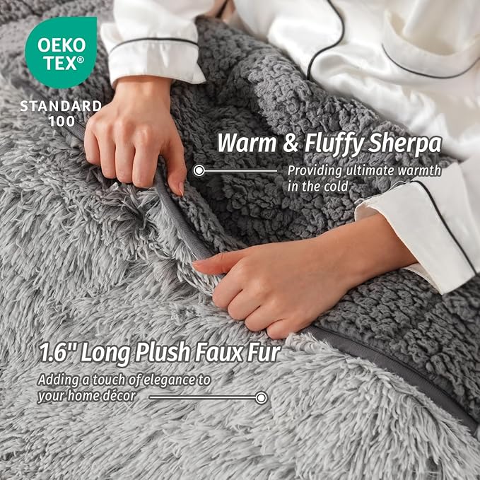 Wemore Shaggy Long Fur Faux Fur Weighted Blanket, Cozy and Plush Sherpa Long Hair Blanket for Adult 15lbs, Fluffy Fuzzy Sherpa Reverse Heavy Blanket for Bed, Couch, Backprint Grey, 48 x 72 Inches