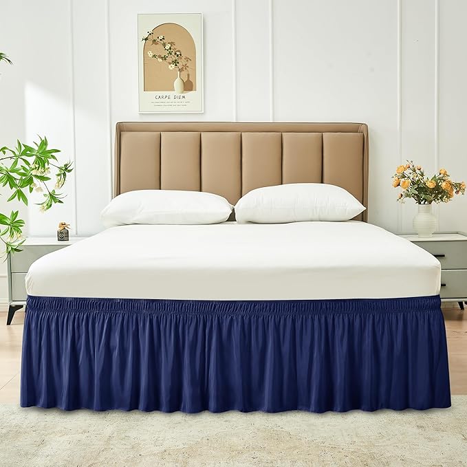 Biscaynebay Wrap Around Bed Skirts for King & Cal King Beds 16" Drop, Navy Adjustable Elastic Dust Ruffles Easy Fit Wrinkle & Fade Resistant Silky Luxurious Fabric Solid Machine Washable