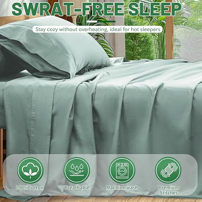 Extra Deep Pocket California King Sheets 18-24 Inch 1000 Thread Count 100% Egyptian Cotton Sateen Weave Soft Breathable 4 Pieces（California King,Sage Green）