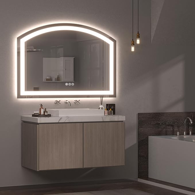 Hasipu 36x28 Inch LED Bathroom Mirror Arch Vanity Mirror with Lights Frontlit Smart Touch Sensor Dimmable 3 Colors Temperature Shatterproof Wall-Mounted Vanity Mirror Metal Frame