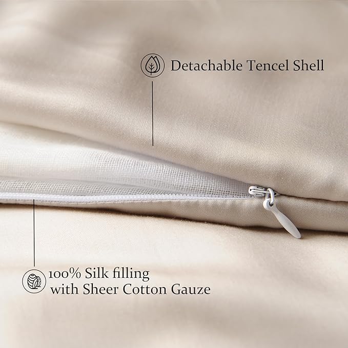 CUDDLE DREAMS Lightweight Silk Filled Comforter for Summer, Detachable Tencel Duvet Cover for Easy Care, Naturally Breathable (Light Pewter, Queen)