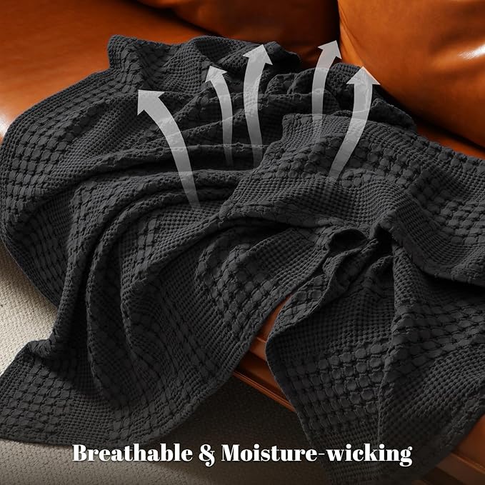 PHF 100% Cotton Waffle Weave Blanket King Size for Bed, Soft Lightweight & Breathable, All-Season Comfort, Luxury Aesthetic Woven Bedding for Home Decor, 108"x90", Black