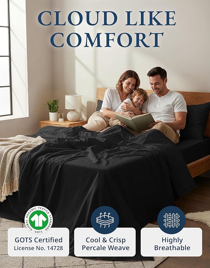 LANE LINEN 100% Organic Cotton Twin Bed Sheet Set, 3 Pc Twin Size Sheets Set, Soft & Breathable Twin Sheet Set Boys, Hotel Style Bedding Sheets & Pillowcases, 15" Deep Fitted Sheet - Black