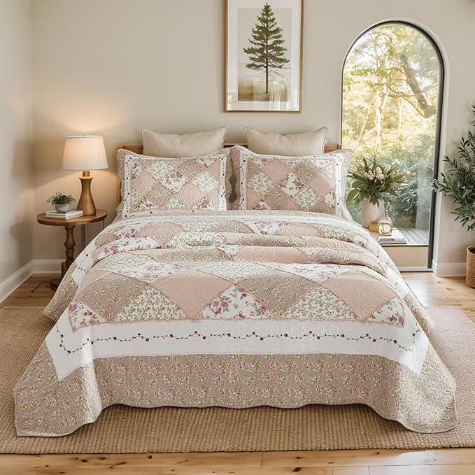 Brandream Queen Size Quilt Set Cotton Patchwork Quilts Blush Pink Country Floral Bedding Patchwork Quilted Comforter Set 3-Piece