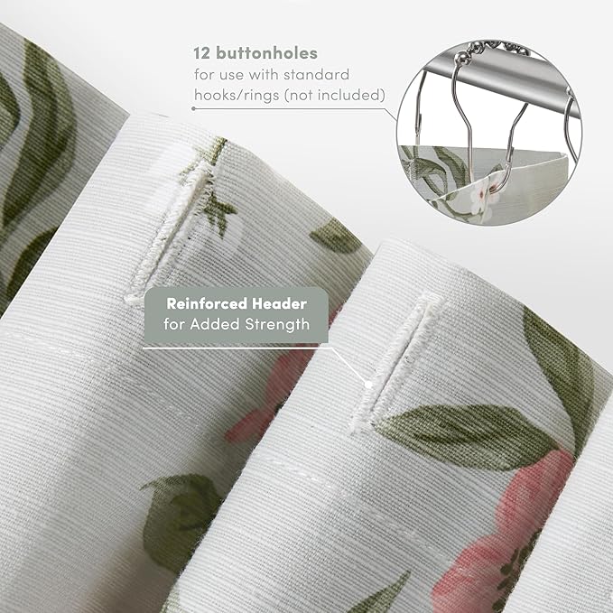 Martha Stewart Meadow Floral Shower Curtain, Cotton-Rich Slub Texture, Timeless Garden Design, Classic to Modern Farmhouse Bathroom Decor, Machine Washable 72"x72", Green