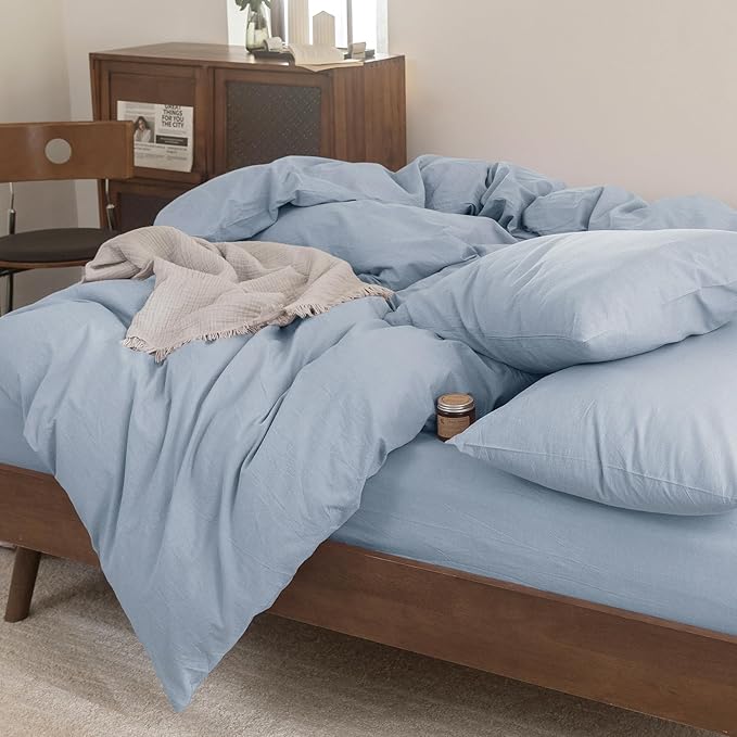 FOSSA Duvet Cover Set 100% Washed Cotton Linen Feel Super Soft Breathable Cozy 3 Pieces Bedding Sets Solid Cornflower Blue Oversized King Plus