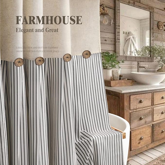 Farmhouse Shower Curtain Linen Button Woven Fabric Country Rustic Western, Pleated Black Stripe 72" W x 72" L