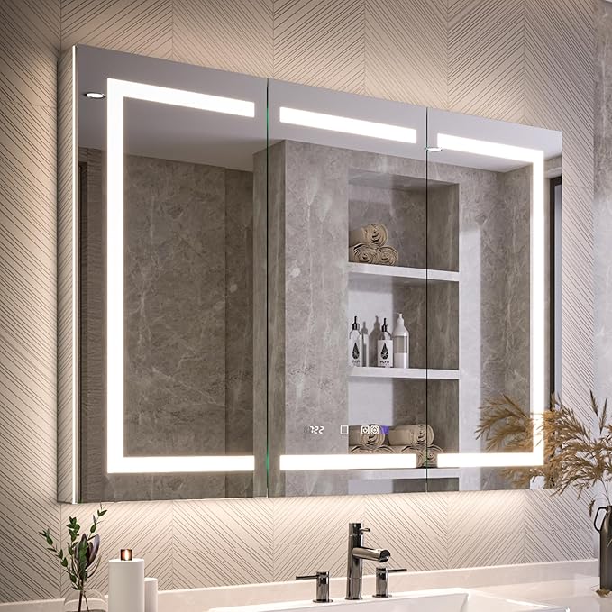 Lighted Medicine Cabinet with Mirror 48"x36" Recessed LED Medicine Cabinet Mirror, Front&Backlit, Anti-Fog, Stepless Dimming, 3-Color Temperatures, Magnifier, 2 Outlets, Storage Shelves, ETL Certified