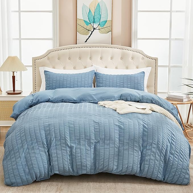 AveLom Grayish Blue Duvet Cover Full(80 x 90 inches), 3 Pieces (1 Duvet Cover, 2 Pillow Cases),Seersucker Tripe Soft Washed Microfiber Textured Duvet Cover Set with Zipper Closure, Corner Ties