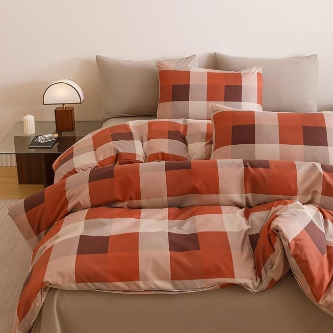 Cottonight Checkered Red Comforter Set Cal King Gingham Grid Bedding Set Red and Khaki Grid Comforter Fluffy Soft Blanket Quilts Modern Cottagecore Comforter California King Bed
