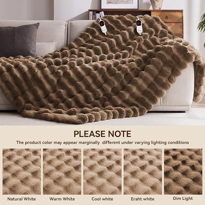 Heated Blanket King Size with 1/2/4/6/8 Hours Auto-Off 10 Heat Level, 90'' * 100'' Cozy Faux Rabbit Fur Bubble Electric Blanket with Overheat Protection(Brown)