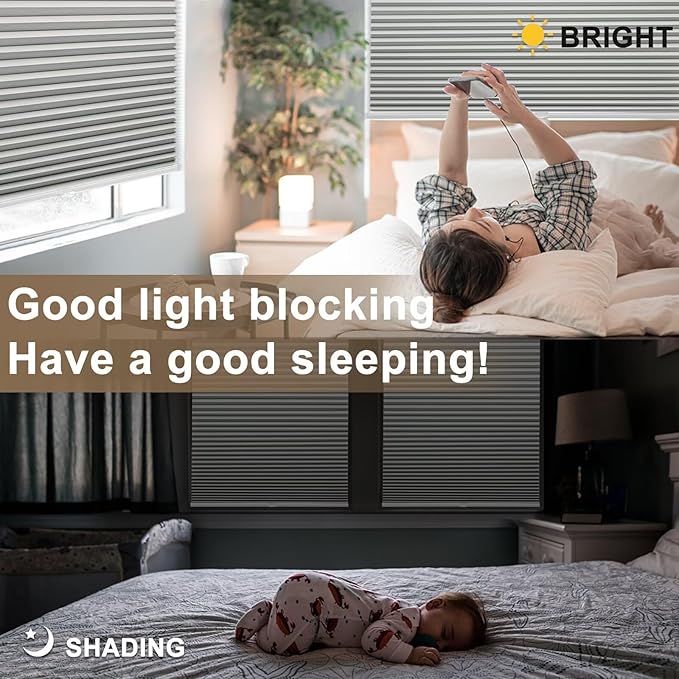 MYshade 1.5-Inch Cellular Cordless Blackout Shades,Thermal Insulating Noise Reducing Waterproof Blinds,Honeycomb Window Treatments for Indoor Light Control (Grey-34 W x 72" H)
