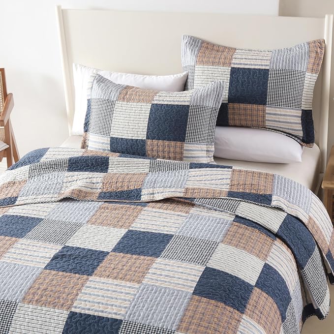 Uniclinens Plaid Quilt Set Queen Size, 100% Cotton Patchwork Plaid Quilt Bedding Set Bedspreads, Farmhouse Lightweight Comforter Quilted Quilt, 3 Pieces Set with 2 Pillowshams, Navy/Brown/White