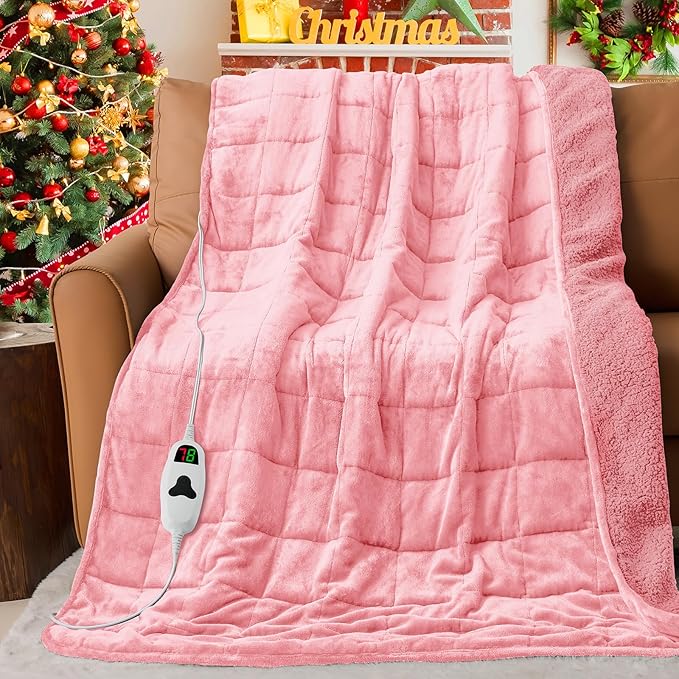 CYMULA Heated Weighted Blanket for Adults, Weighted Heated Blanket 60" x 80", 20lbs Sherpa Fleece Weighted Electric Blanket Soft Heating Blanket with 10 Heating Levels & 1-8 Hours Auto Off, Pink