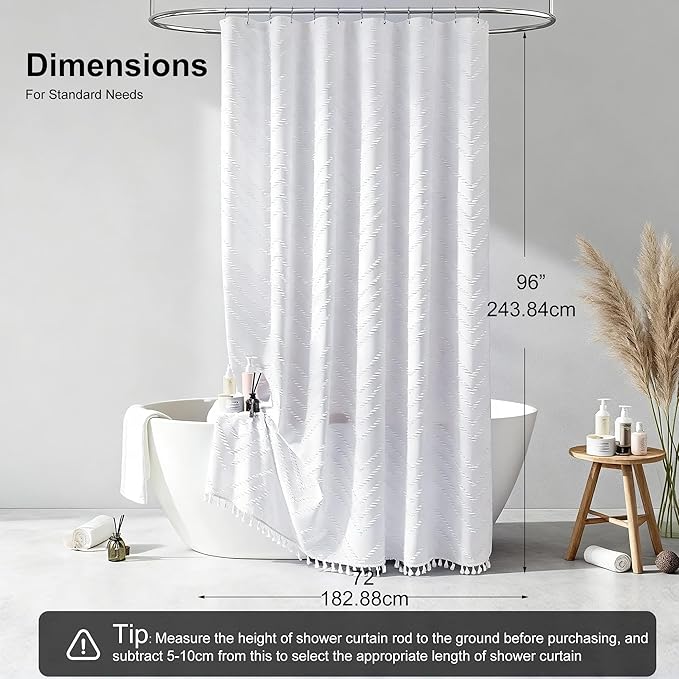 Extra Long White Boho Shower Curtain with Tassel, Woven Fabric 96 in Shower Curtain, Tufted Chevron Striped, 72 x 96, Modern Chic Textured Minimalist Shower Curtains for Bathroom