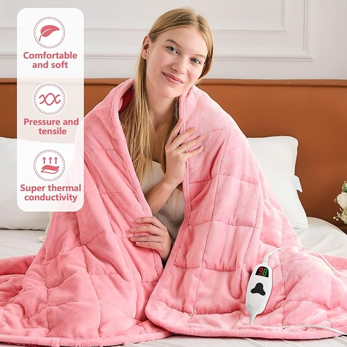 CYMULA Heated Weighted Blanket for Adults, Weighted Heated Blanket 60" x 80", 20lbs Sherpa Fleece Weighted Electric Blanket Soft Heating Blanket with 10 Heating Levels & 1-8 Hours Auto Off, Pink
