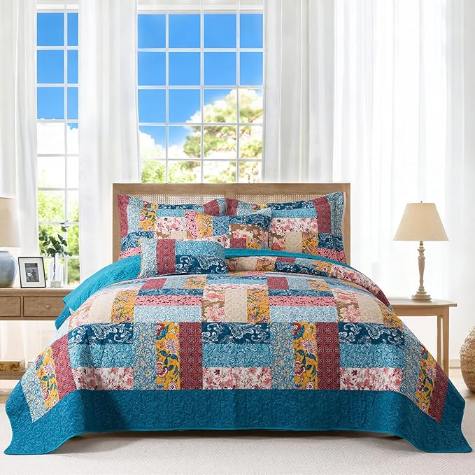 BEDIFANY Cotton California King Quilt Set - Farmhouse Bedspread with Vibrant Floral Pattern, 3-Piece Lightweight Oversized King Size Coverlet (108x118 Inch), All Seasons Multicolor Quilt Bedding Set