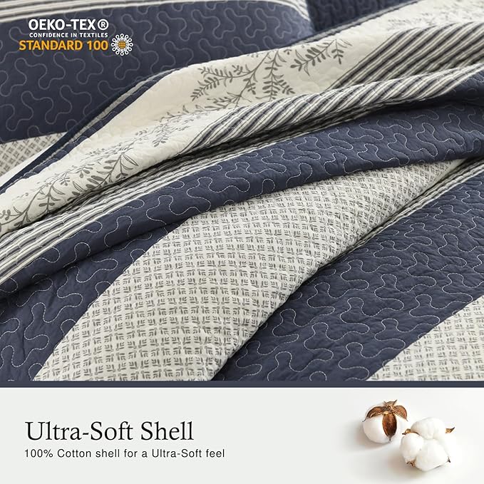 Stripe Queen Quilt Set - 100% Cotton Soft Lightweight 3 Pieces Bedding Set, Vintage Vine Pattern Quilted Bedspread with 2 Pillow Shams, Farmhouse Printed Coverlet for All Season, Navy/Gray