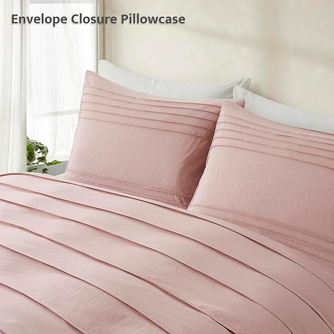 Oli Anderson Misty Rose Duvet Cover Queen Size - Pleated Queen Duvet Cover, 3PCS Soft and Breathable Textured Bedding Set with Zipper Closure(Misty Rose,90"x90")