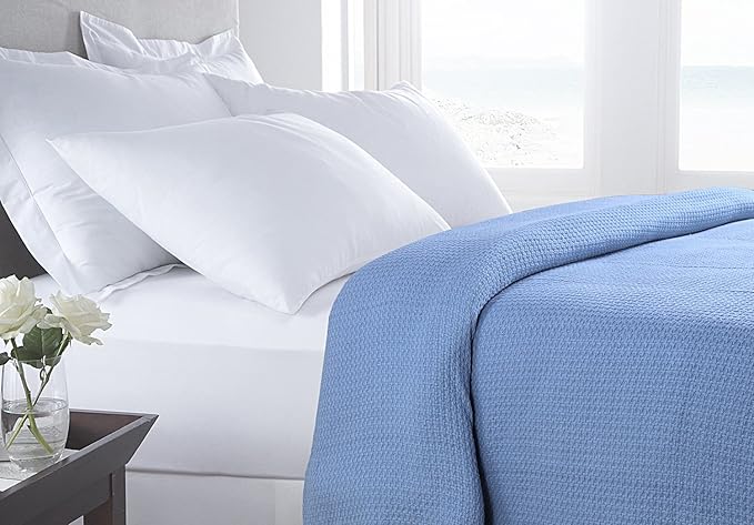 HILLFAIR 100% Combed Cotton Blanket– Queen Bed Blanket– Soft Cozy Warm Multipurpose Throws for Luxury Home Decor– 90 x 90 inch Queen Size Cotton Blankets for Beds- Bed Blankets for All Season- Blue