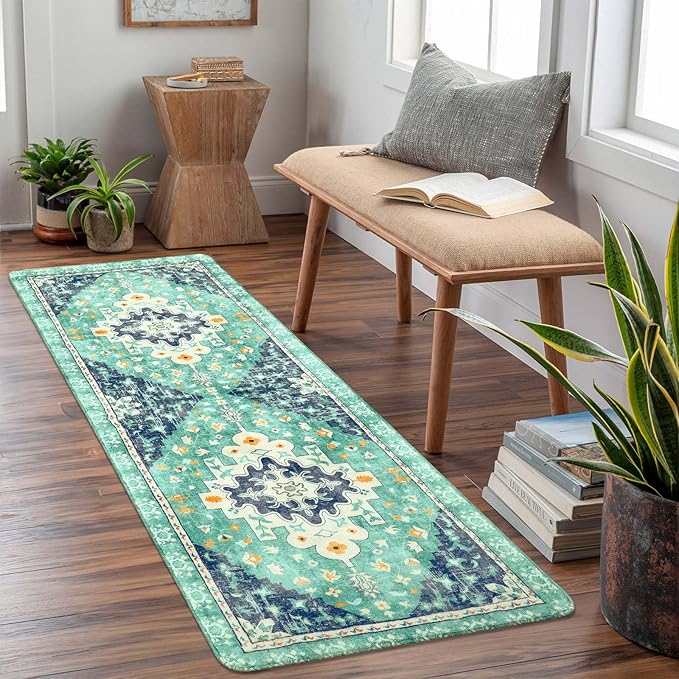 Uphome Boho Vintage Bathroom Runner Rug Green Non-Slip Soft Bedroom Rug Machine Washable Oriental Hallway Rug Traditional Tribal Floral Floor Mats for Kitchen Kids Room Entryway, 24x59 inch