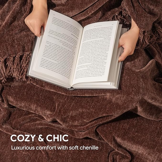 RECYCO Throw Blanket Soft Cozy Chenille Throw Blanket with Fringe Tassel for Couch Sofa Chair Bed Living Room Gift (Brown, 60'' x 80'')