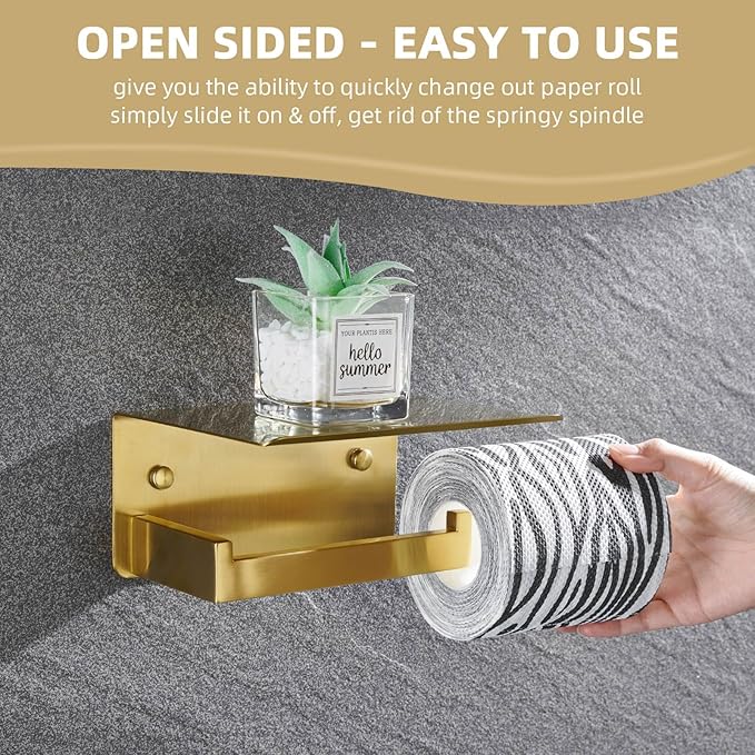 Angle Simple Toilet Paper Holder with Shelf, 304 Stainless Steel Bathroom Tissue Roll Holder for Wall Brushed Gold