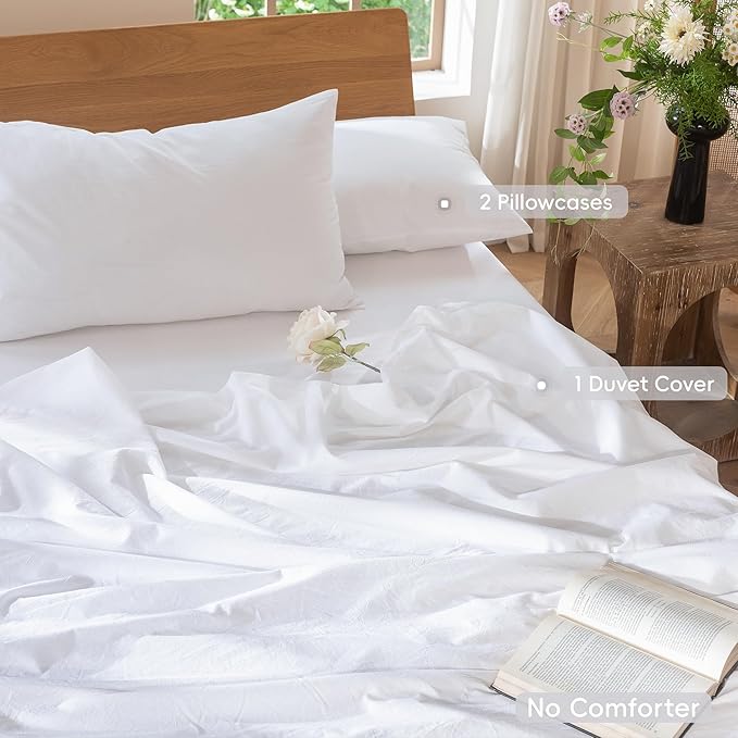 MooMee Bedding Duvet Cover Set 100% Washed Cotton Linen Like Textured Breathable Durable Soft Comfy (Solid Bright White, Super King 108"x98")