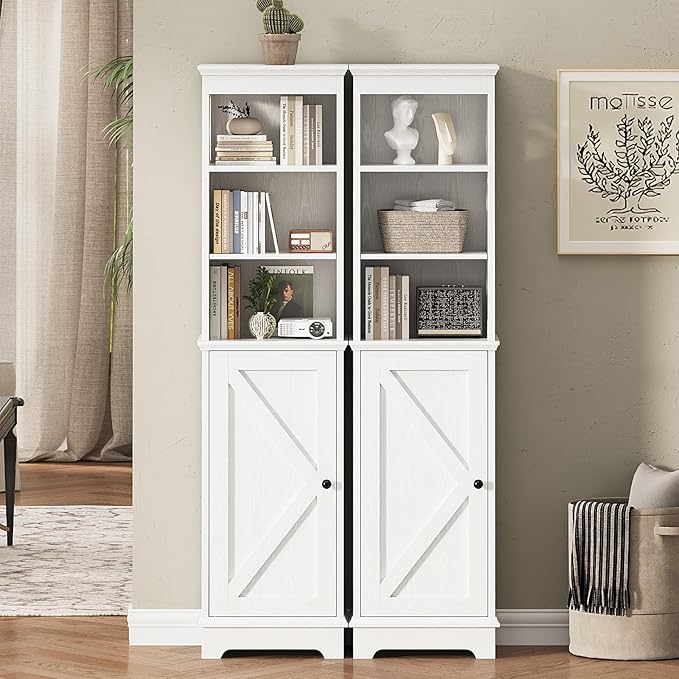 Tall Bathroom Storage Cabinet with Door and Open Adjustable Shelves, 60.9" H Wooden Tower Corner Narrow Farmhouse Cabinet, Freestanding Organizer for Kitchen, Entryway White
