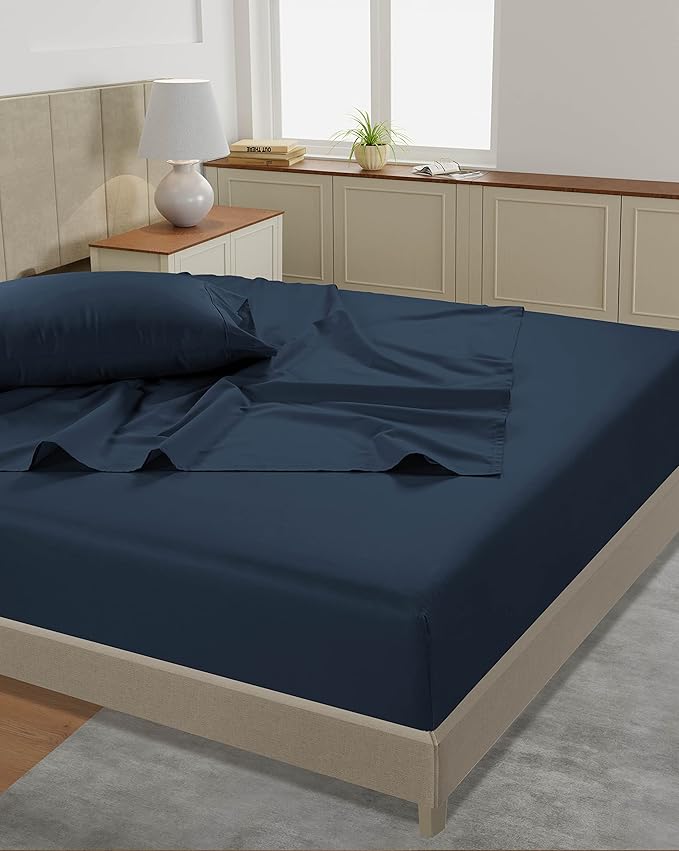 LANE LINEN 100% Cotton Sheets Queen Size – 450 Thread Count Naturally Cooling Queen Bed Set, Durable Bedding for Daily Use, Luxury Sateen Finish, Snug Fit 15" Deep Pocket Fitted Sheet – Estate Blue