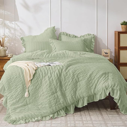 JOLLYVOGUE Sage Green Queen Comforter Set, 3 Pieces Seersucker Comforters Queen Size, Lightweight & Fluffy Bedding Sets Queen for All Season with 1 Ruffle Comforter and 2 Ruffle Pillowshams