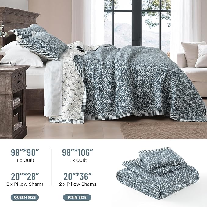 Quilt Set Queen Size - 100% Cotton Blue and White Quilt, Floral Reversible Bedspread Bedding Set, Lightweight Botanical Pattern Coverlet with 2 Pillow Shams, 3-Piece All Season, 90x98