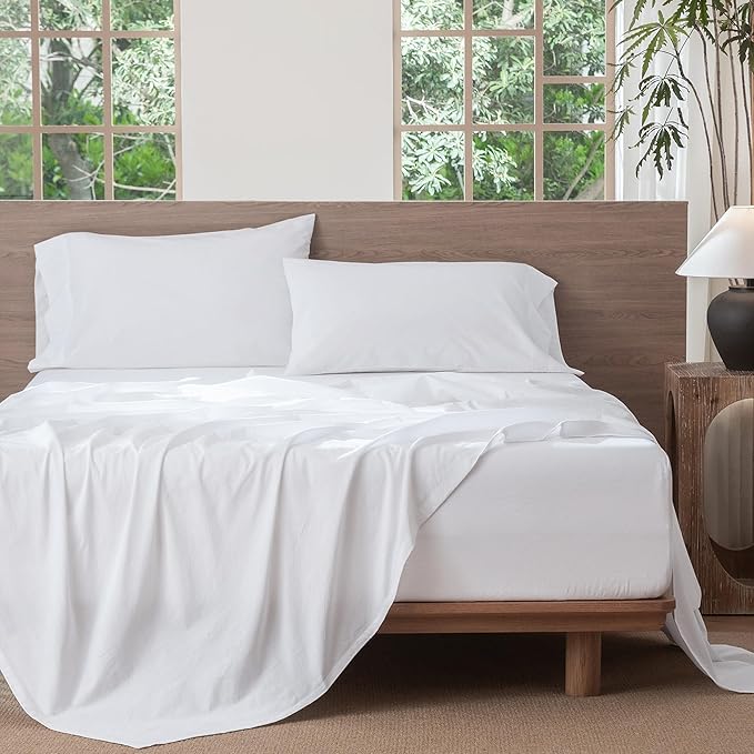 MooMee Bedding Sheet Set 100% Washed Cotton Linen Like Textured Breathable Durable Soft Comfy (Solid Bright White, Queen)