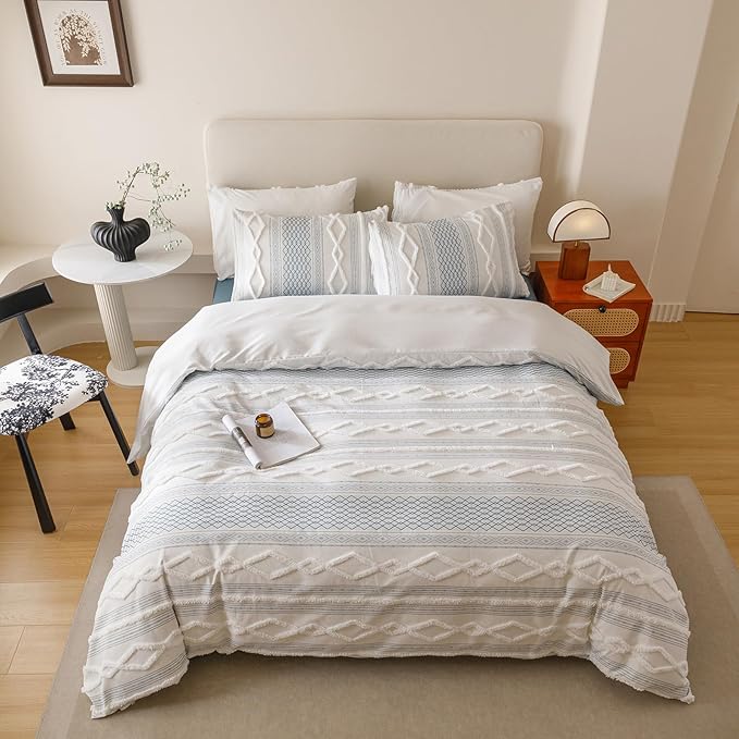 KAREVER Ivory Blue Boho Comforter Set Queen Mixed Textures Jacquard Bedding Set Durable Chic and Stylish Bedroom Set
