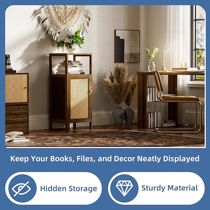 HITNET Rattan Bathroom Floor Cabinet, Bamboo Storage Cupboard with Single Door, Freestanding Small Living Room Sideboard, Space Saving Entryway Storage Unit, Walnut
