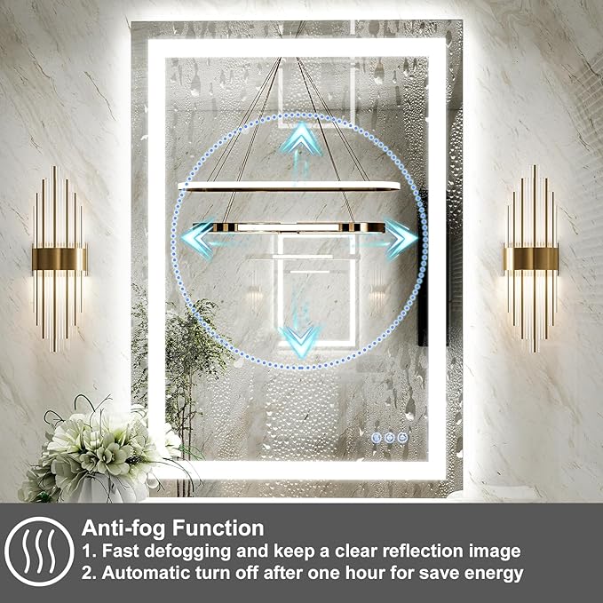 GLSLAND LED Bathroom Mirror - 24"x32" Anti-Fog Wall Mirrors with Memory Function, Dimmable, Frontlit & Backlit, Horizontally/Vertically, Tempered Glass