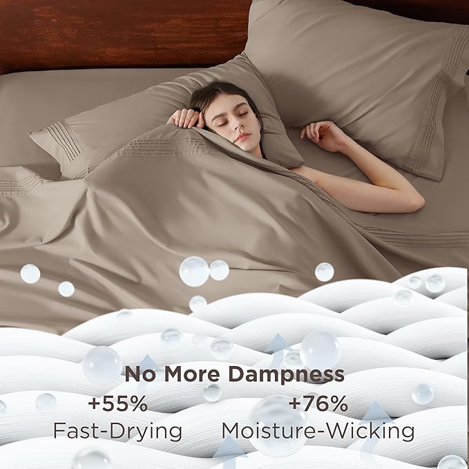 Bedsure Deep Pocket Queen Sheets Set - Fits Mattresses Up to 21 Inches Thick - 4 Piece GentleSoft Bed Sheets, Moisture Wicking, Soft & Cooling Bedsheet & Pillowcases, Easy & Secure Fit, Taupe