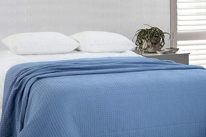 HILLFAIR 100% Combed Cotton Blanket– King Size Bed Blankets– Warm Soft All Season Breathable Lightweight Summer Blankets– Waffle Weave Home Decor Bed Blanket- Blue King Bed Cotton Blankets/Bedcovers