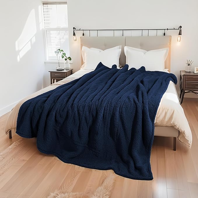Electric Heated Blanket 6 Heating Settings & 3 H Auto Off Throw Size 50×60 Double Sided Plush Sherpa Ultra-Soft Warm Thick, Machine Washable, Fast Heating, Home Office Dark Blue