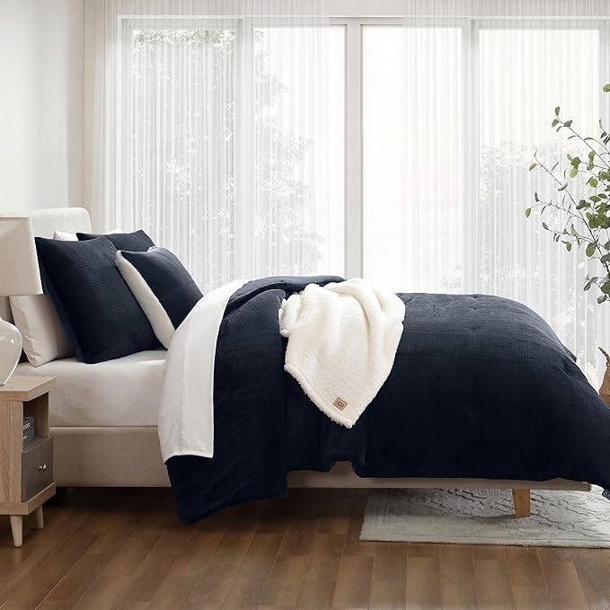 UGG Full/Queen Comforter Set 5 Piece Bed in a Bag with Throw Blanket, Decorative Pillow, Shams, Reversible Hypoallergenic Washable Luxury Warm Fluffy Bedding Set, Navy Blue (Remina)