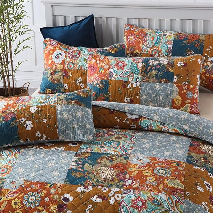 Autumn Dream Cotton Bedspread Quilt Sets Reversible Bedding Coverlet Sets Comforter, Paisley Floral Patchwork Yellow Grey Bedspread, Queen Size